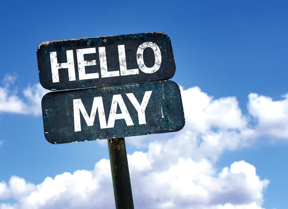 Hello May sign with sky background